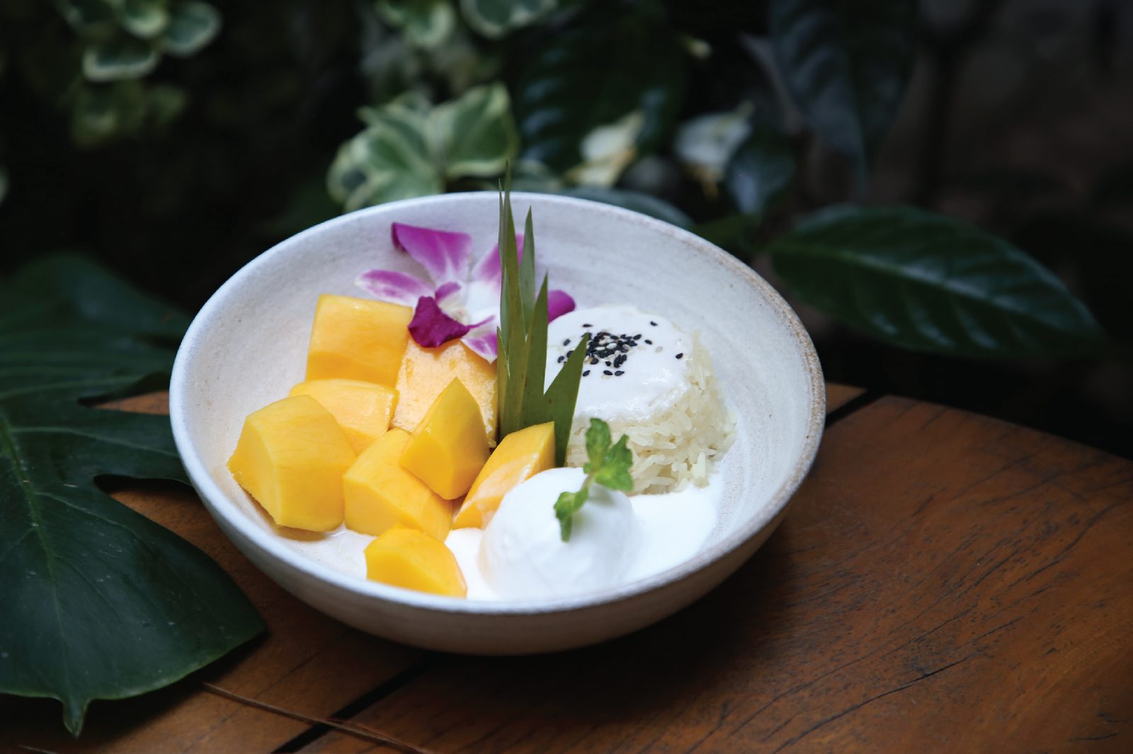 Mango sticky rice with orchid flower — elegant dessert presentation