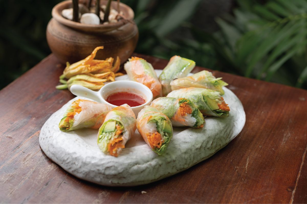 Fresh vegetarian spring rolls with chilli dipping sauce